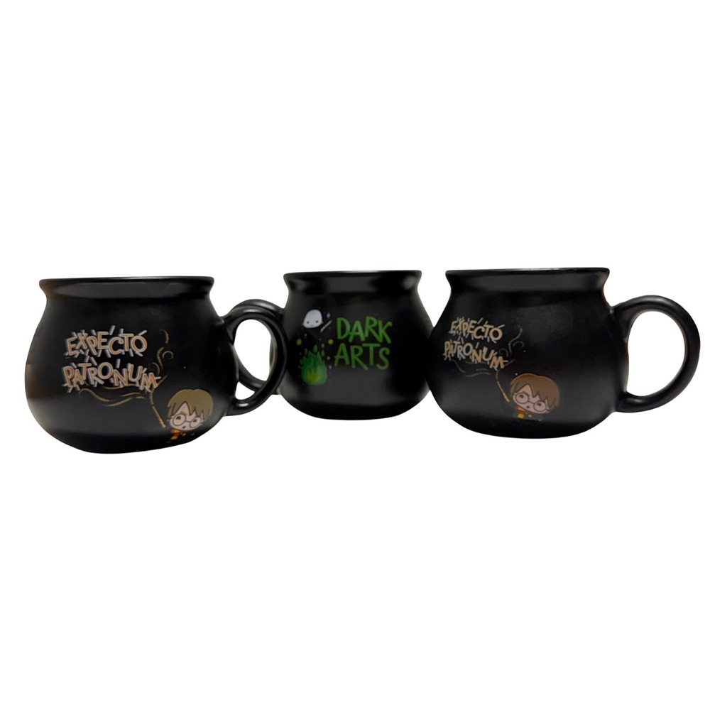 Harry Potter Cauldron Mug Set 3pc Expecto Patronum Dark Arts Black Stoneware